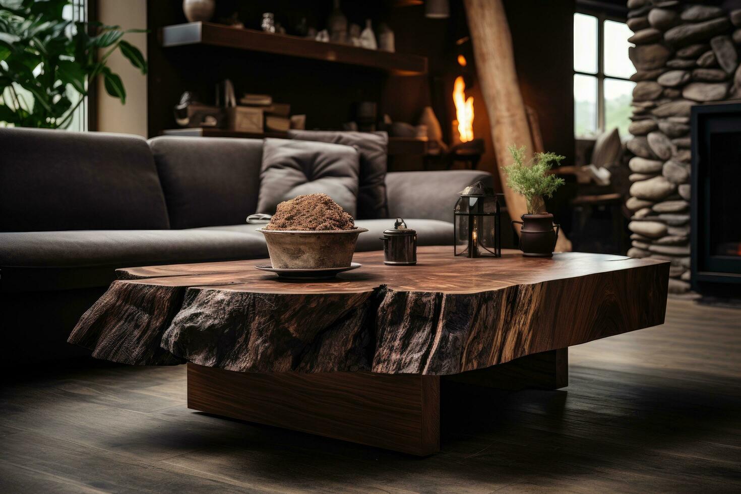 AI generated coffee table made from tree stump and some branches