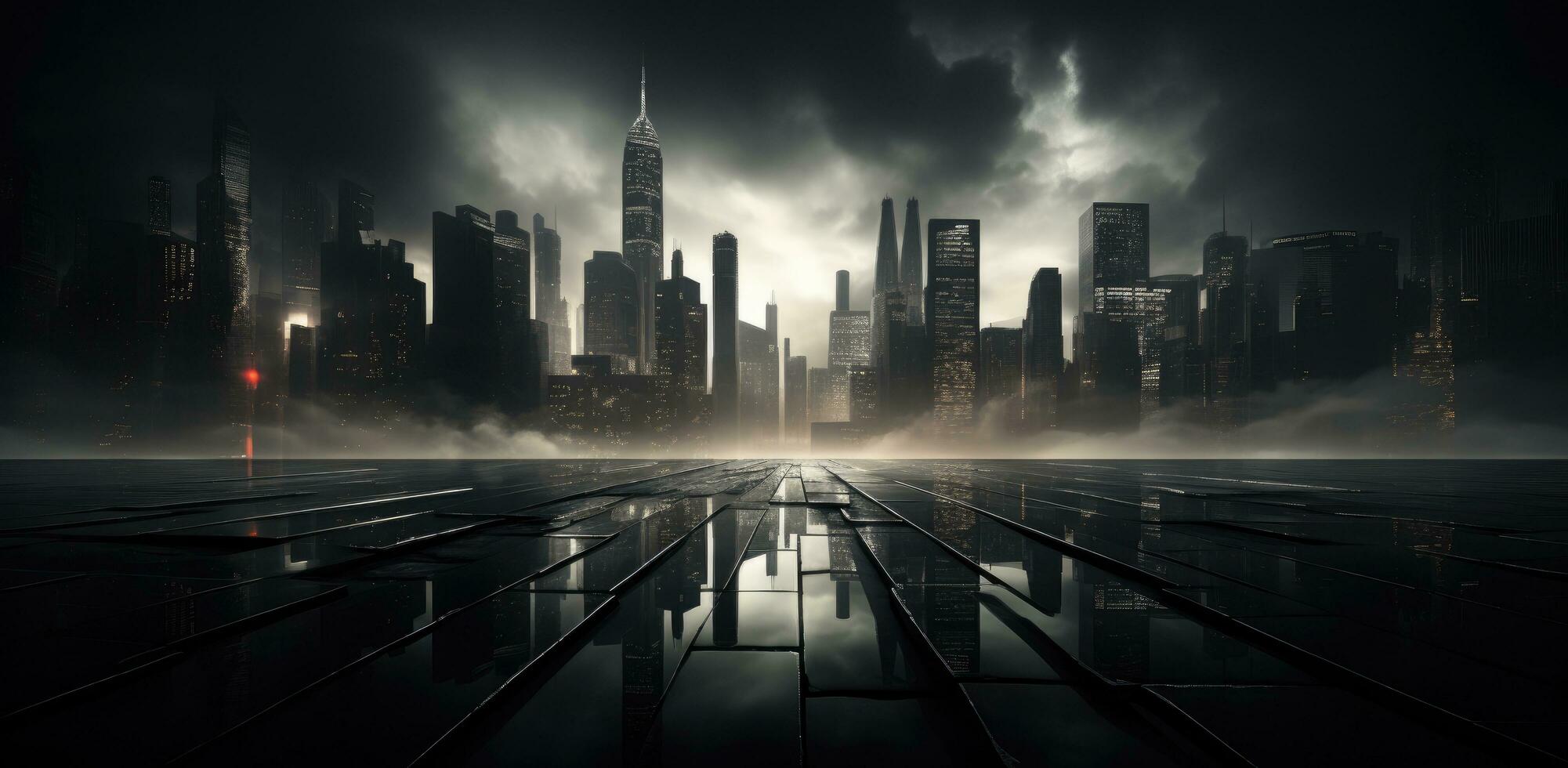 AI generated black and white camera lens of skyscrapers photo