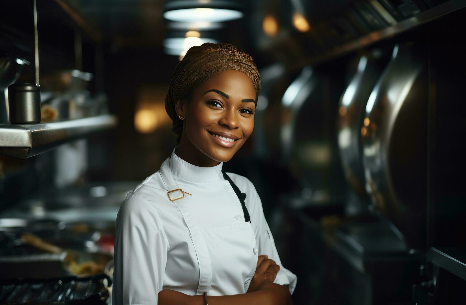 AI generated beautiful black chef in white in the open kitchen photo