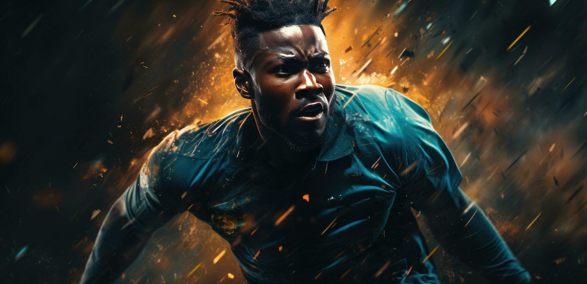 AI generated a soccer player kicking a ball on a rainy night photo