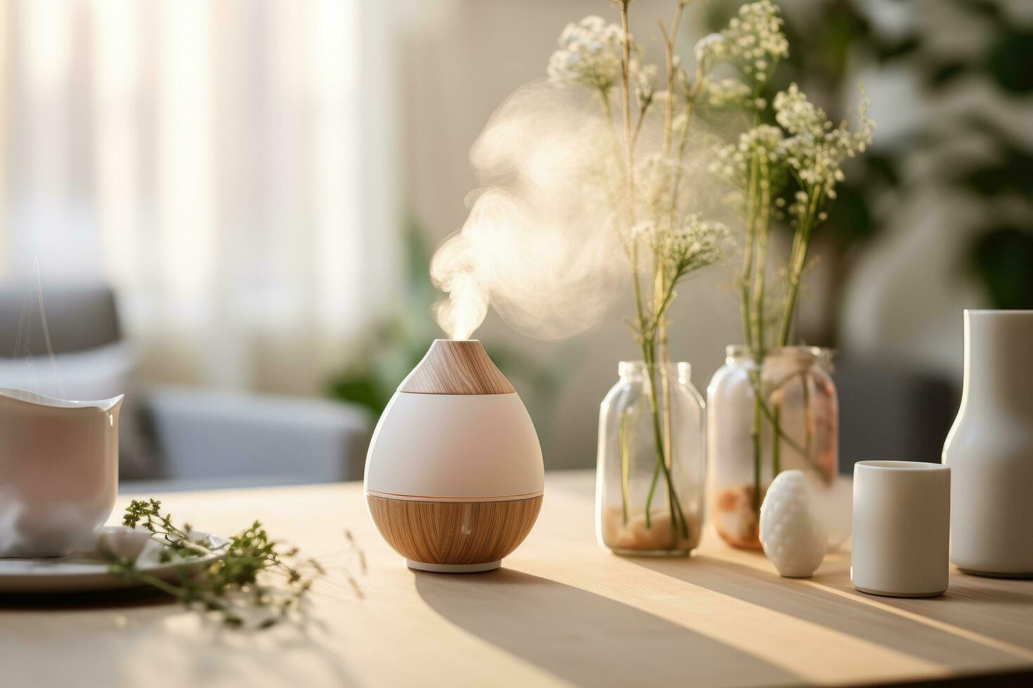 AI generated an aroma diffuser on a table in a living room photo