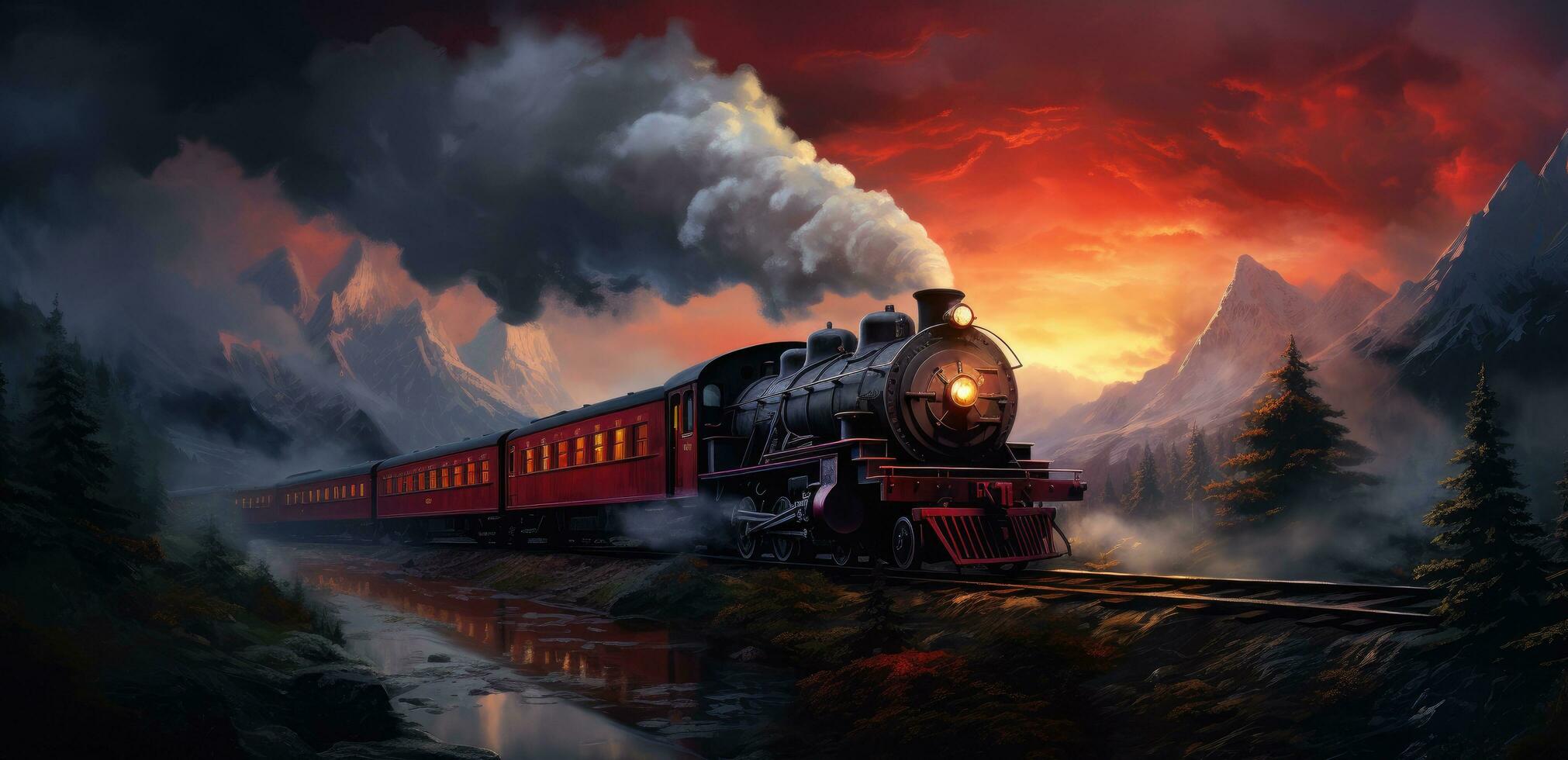 AI generated an old red steam train is coming down the tracks photo