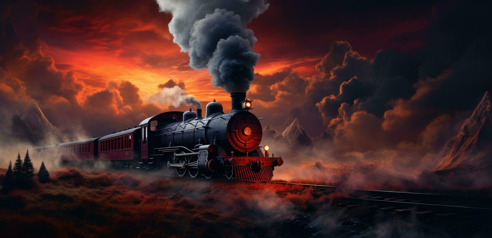 AI generated an old red steam train is coming down the tracks photo