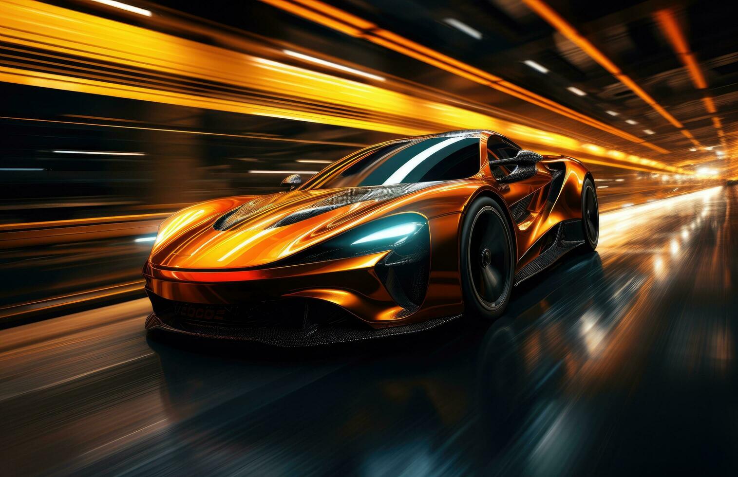 ai generado un naranja y negro carreras coche exceso de velocidad abajo un pista con luces en foto