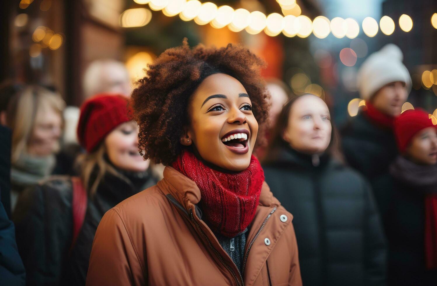 ai generado coro de personas canto en el calle en invierno foto