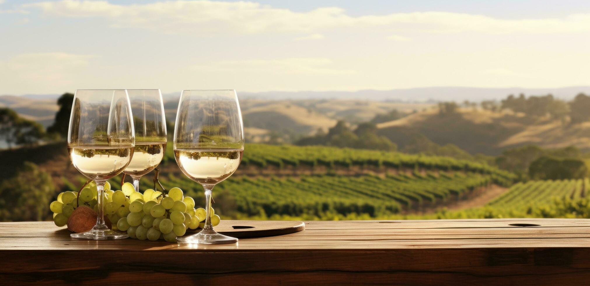 AI generated wine, wine, grapes and wine glasses on a table in a vineyard photo