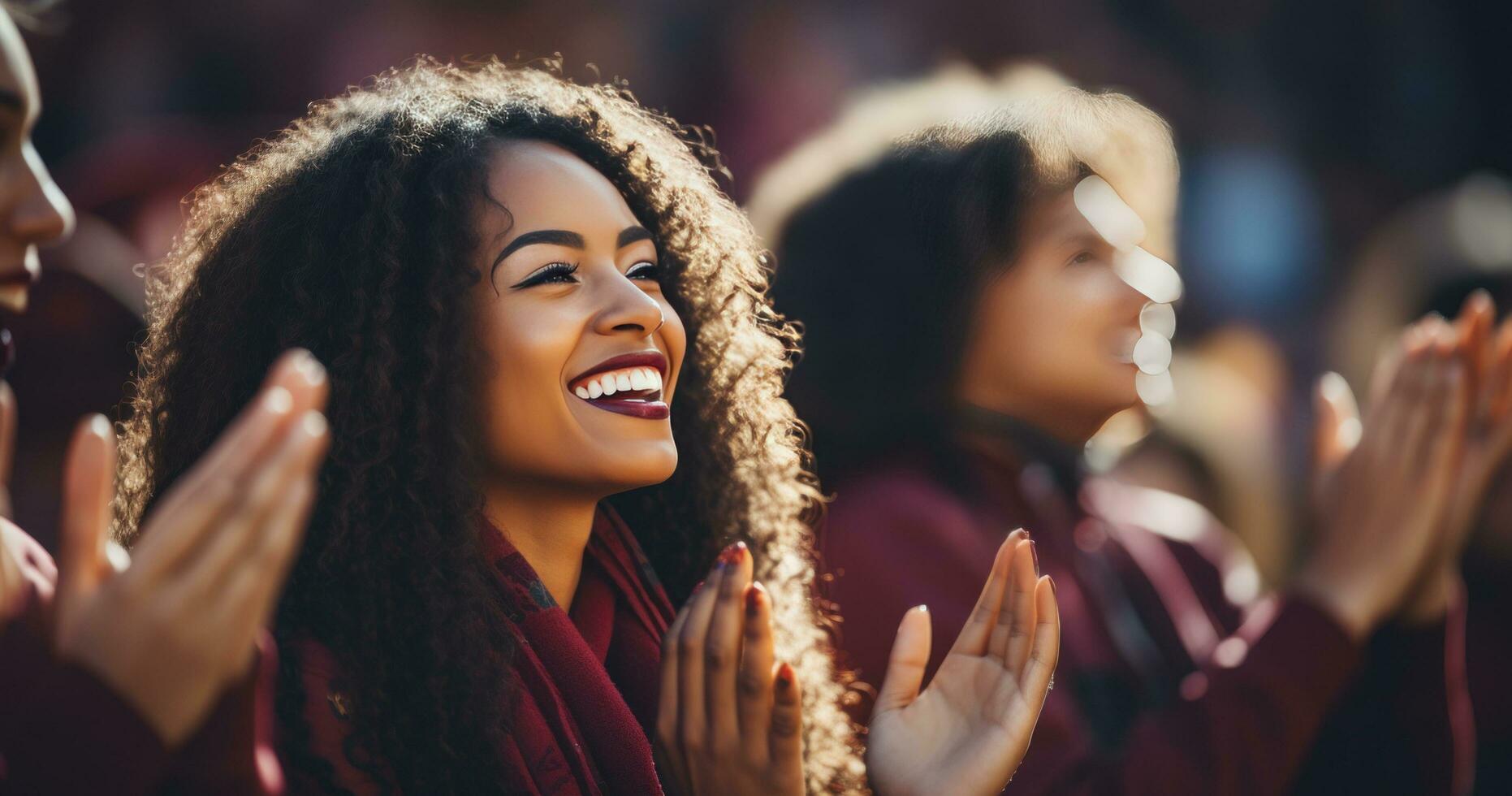 AI generated woman clapping with teammates at football game in sports photo