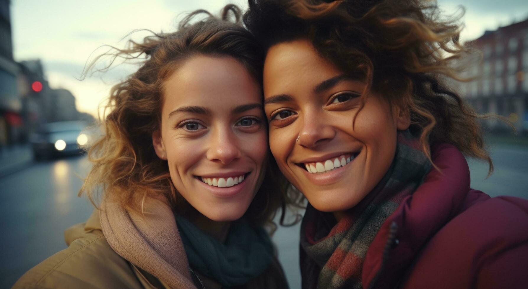 AI generated two women looking at the camera smiling with their friends photo