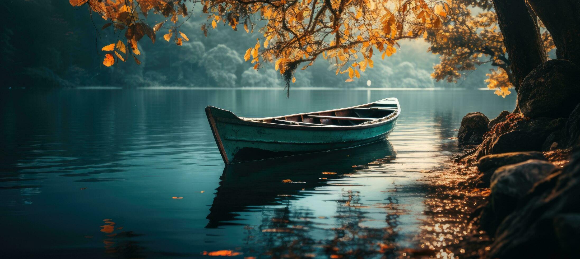 AI generated a wooden boat is docked next to a lake with green leaves photo