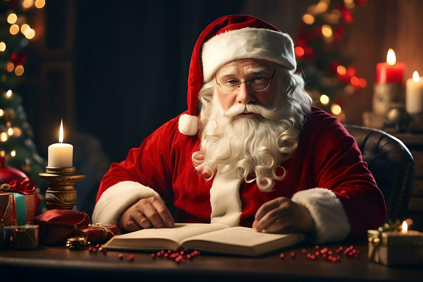 ai generado Papa Noel claus haciendo un Navidad deseo con un vela y un regalo foto