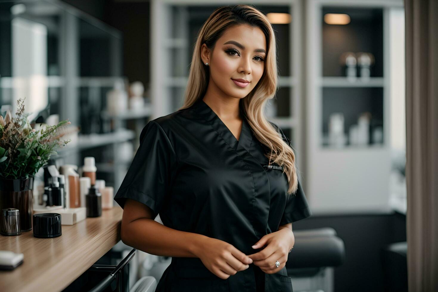 AI generated Adorable cosmetologist with clear skin wearing black medical uniform posing indoors photo