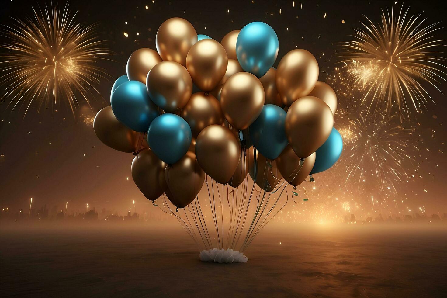 AI generated happy new year greeting with balloons and fireworks photo