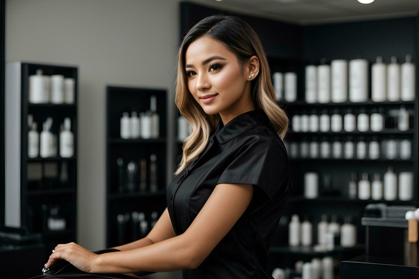 AI generated Adorable cosmetologist with clear skin wearing black medical uniform posing indoors photo