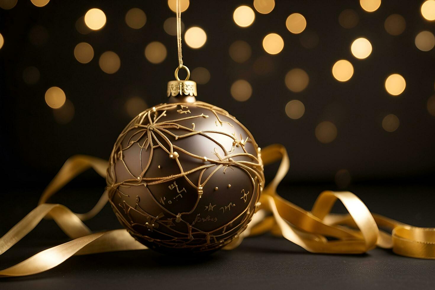 ai generado un dorado Navidad pelota y estrellas en un oscuro antecedentes con un contento nuevo año mensaje foto