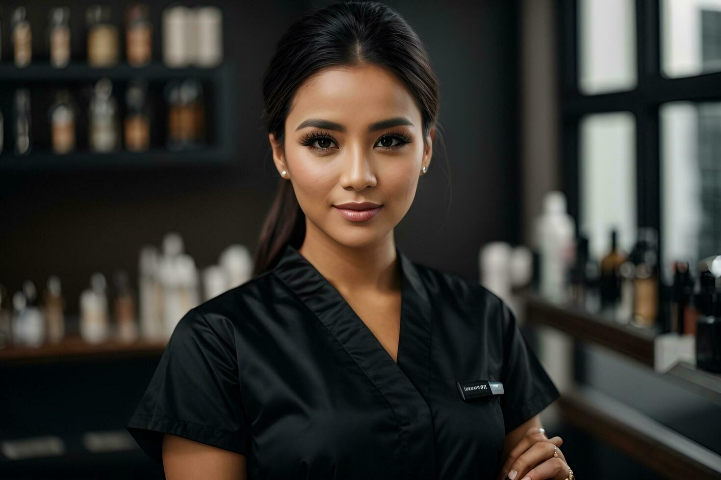 AI generated Adorable cosmetologist with clear skin wearing black medical uniform posing indoors photo