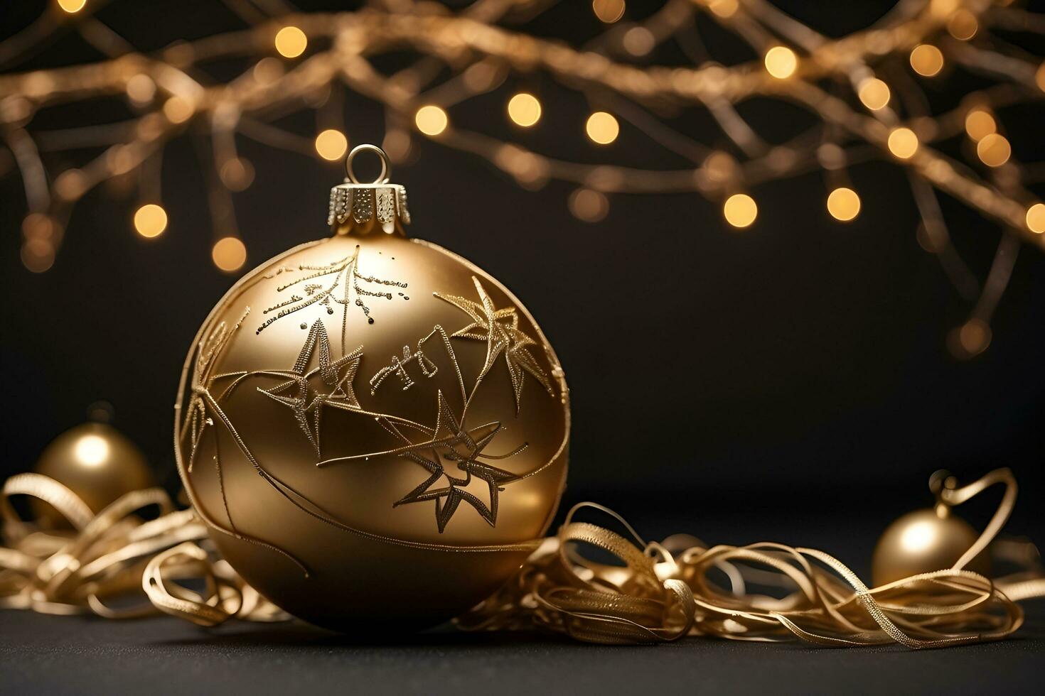 AI generated a golden Christmas ball and stars on a dark background with a happy new year message photo