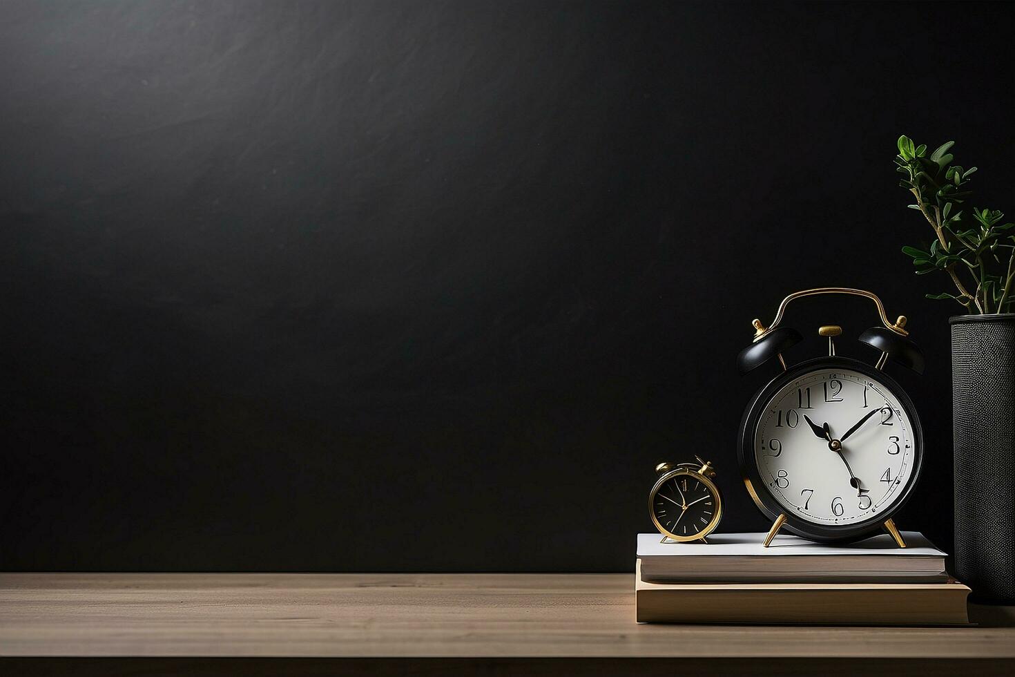 AI generated Office desktop with a clock with black background photo