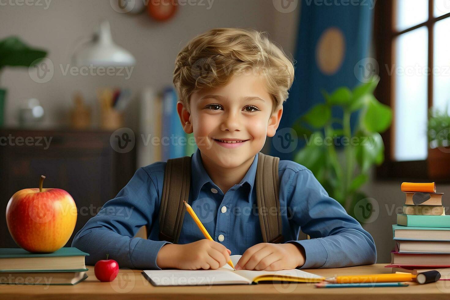 AI generated Smiling american child school boy and girl studying online on laptop at home photo