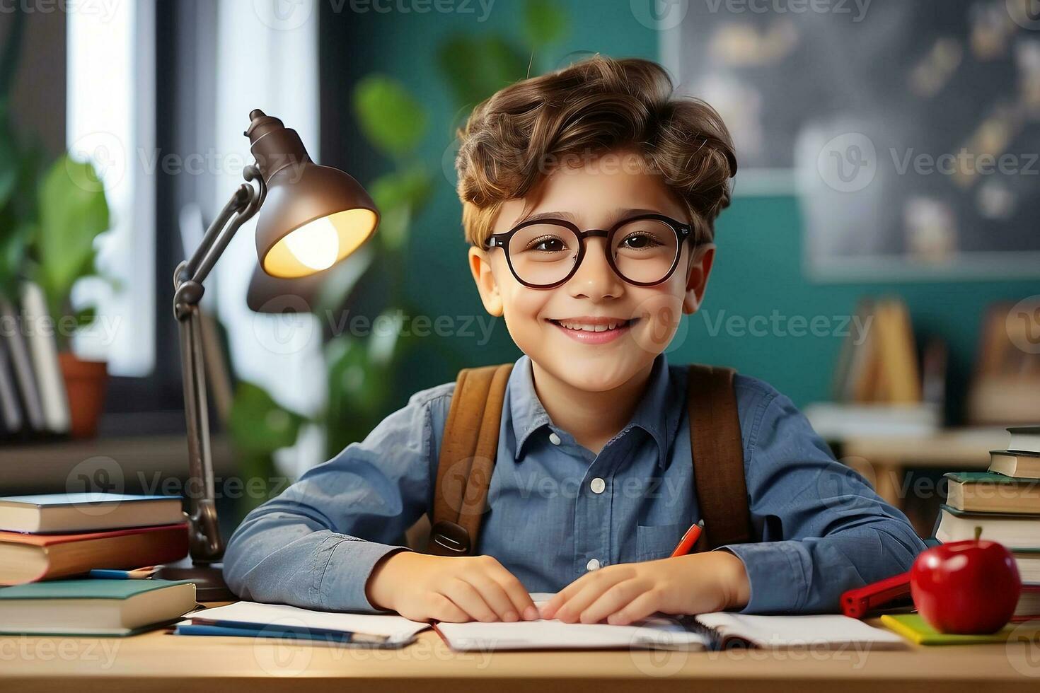 AI generated Smiling american child school boy and girl studying online on laptop at home photo