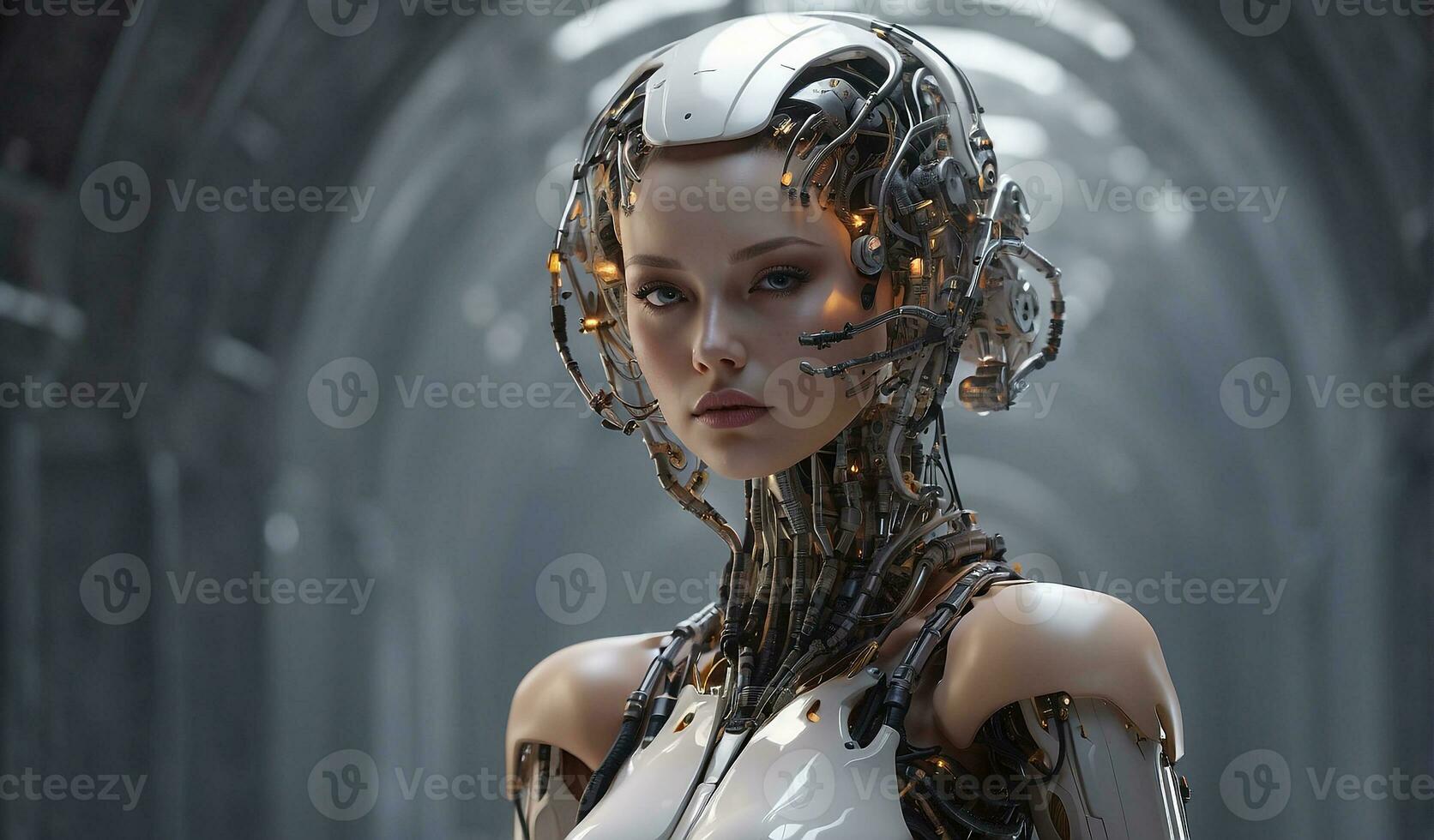 AI generated AI female cyborg futuristic technology artificial intelligence girl illustration. photo