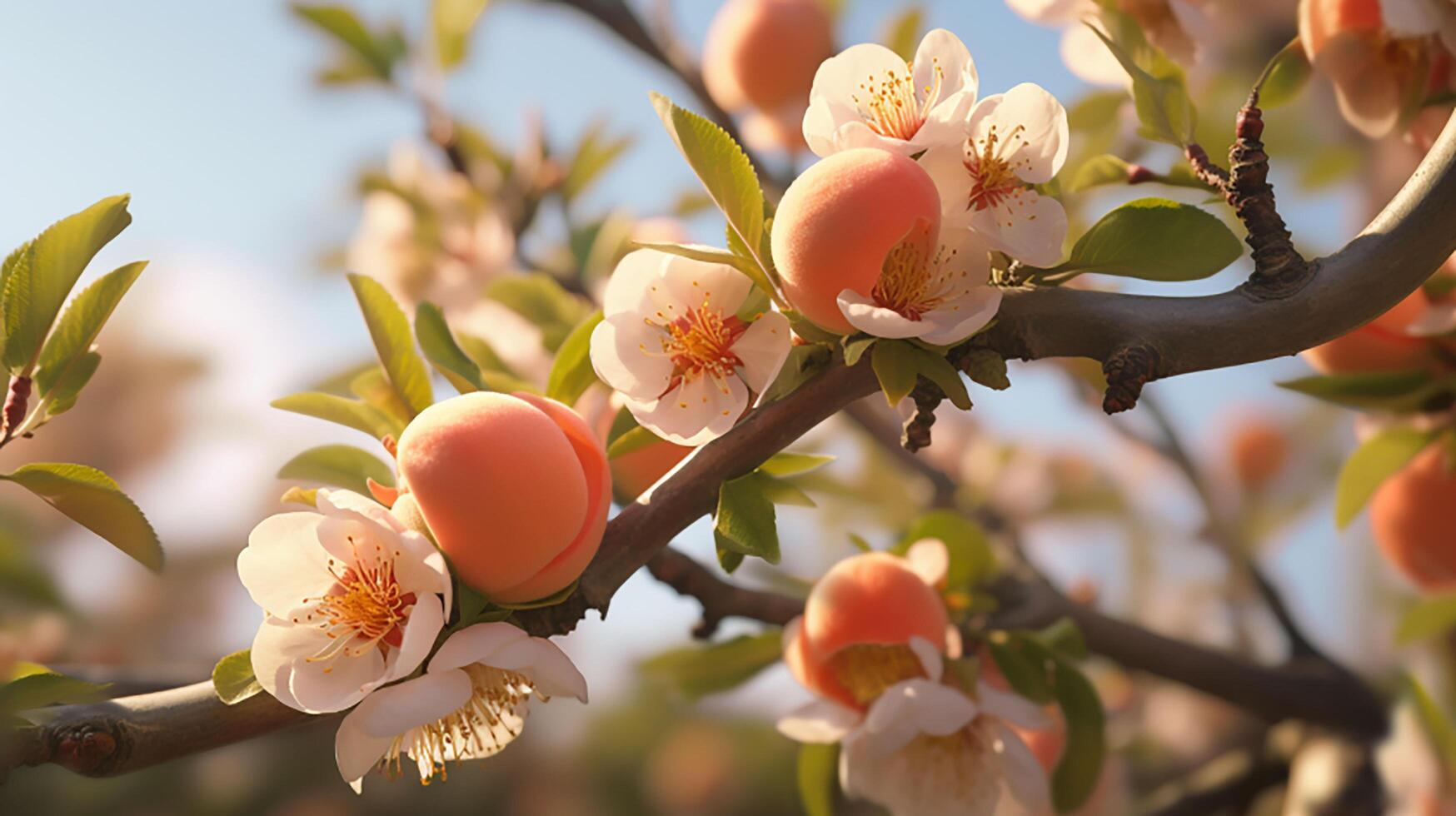 AI generated a bunch of oranges are on a branch with water droplets photo