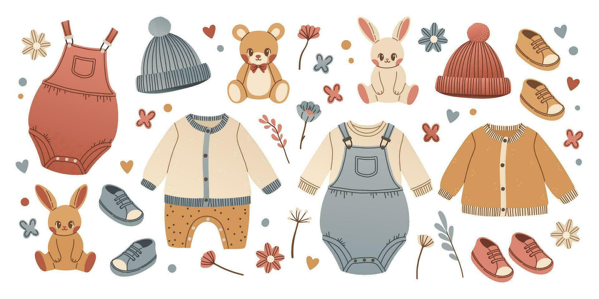 Baby toys and clothes set in hand drawn style. Bunny and teddy bear for babyshower. Singlet, apron, sweater, bodysuit for infant boy or girl. Calm colors. Vector illustration