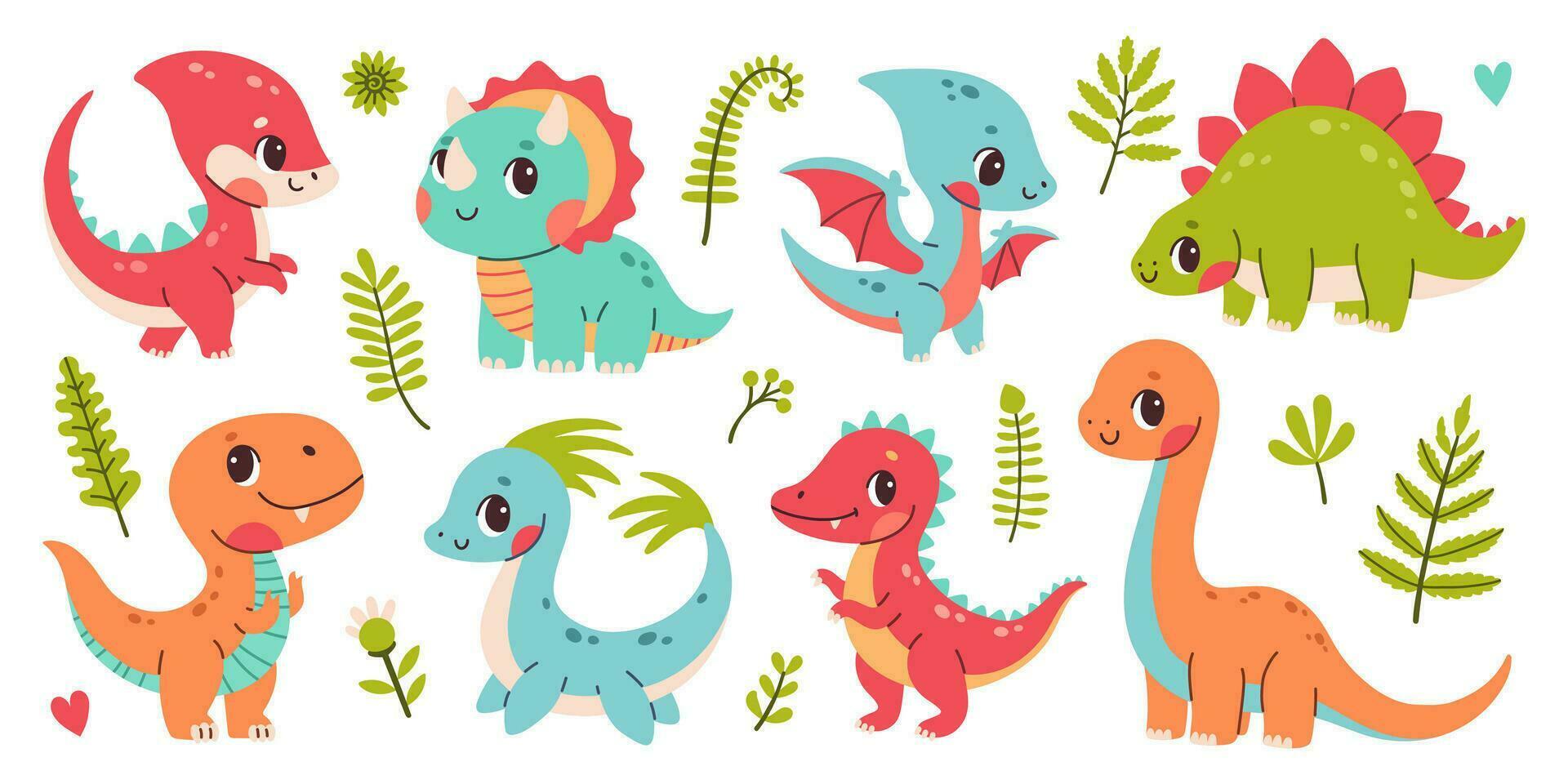 Cute dinosaur set. Clipart set of cute colored dinosaurs. Trex, diplodocus, triceratops, pterodactel. Vector illustration in cartoon style.