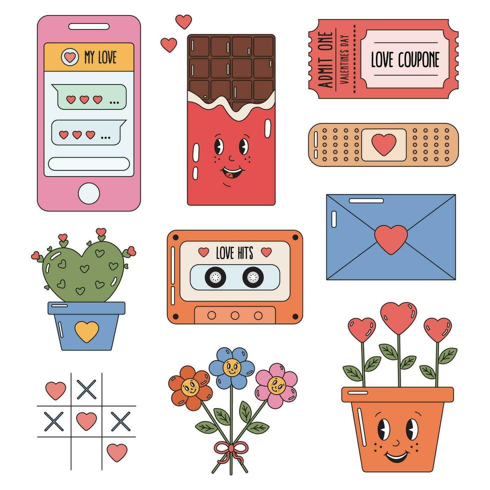 Groovy hippie love sticker set. Retro cartoon happy Valentines day set, characters and elements. 70s 60s aesthetics. Vintage vector. Happy Valentines day elements, smartphone, love, cactus, old music. vector