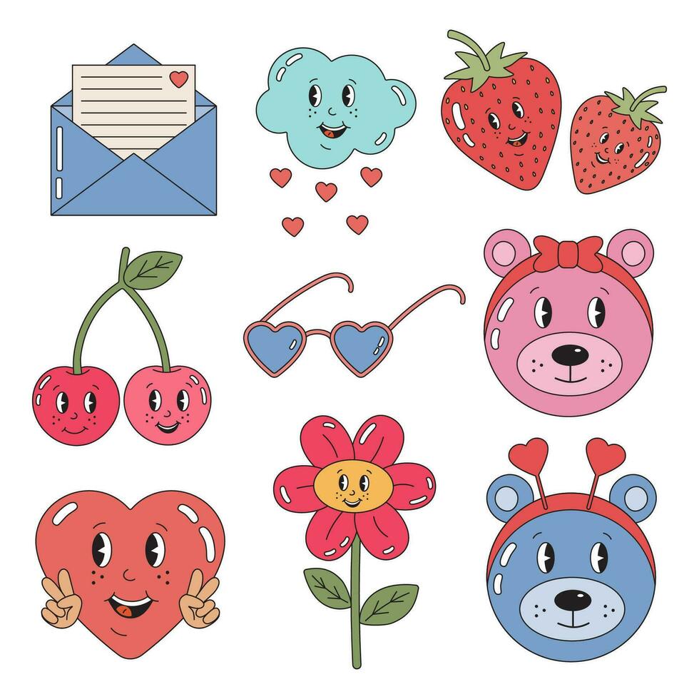 Hippie retro vintage love valentine day elements and icons in 70s-80s style. Groovy hippie sticker set. Retro happy Valentines day. Comic hearts, strawberry, flowers, berry. Romantic elements. vector