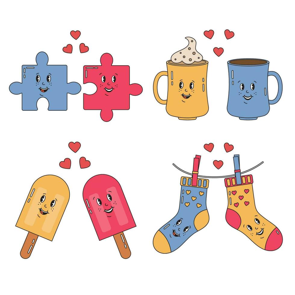 Cute sweet love retro, groovy hippie elements. Love couples, cups, socks, ice cream, puzzles. Valentine's day design. Romantic illustration in trendy retro 60s 70s cartoon style. vector