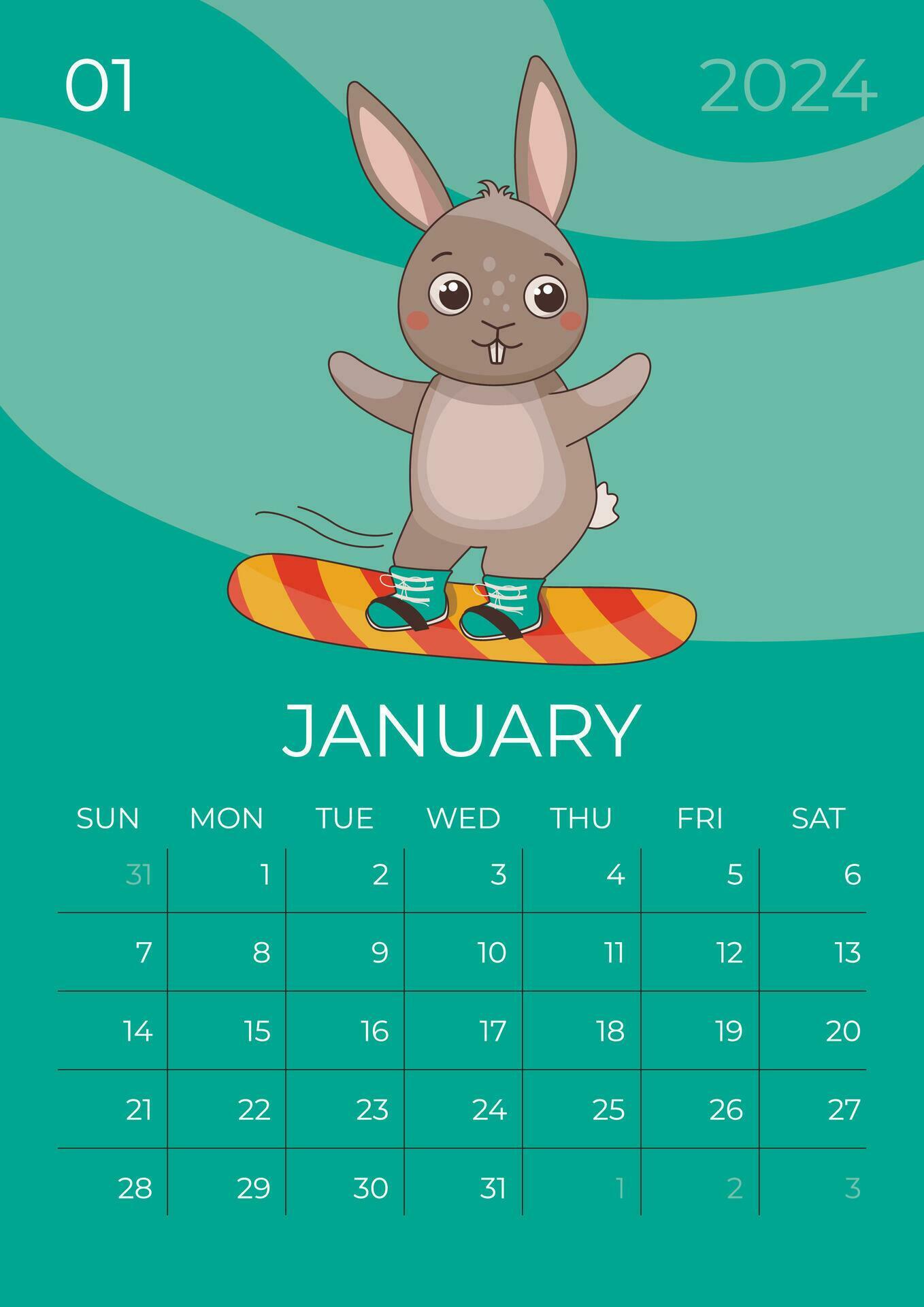 Vertical Children Calendar 2024 January Month Hare Rides A Snowboard vertical-children-calendar-2024-january-month-hare-rides-a-snowboard