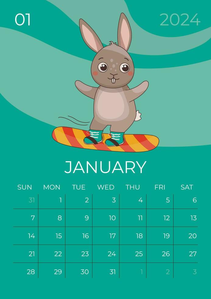 vertical niños calendario 2024. enero mes. liebre paseos un tabla de snowboard a5 formato. vector gráfico.