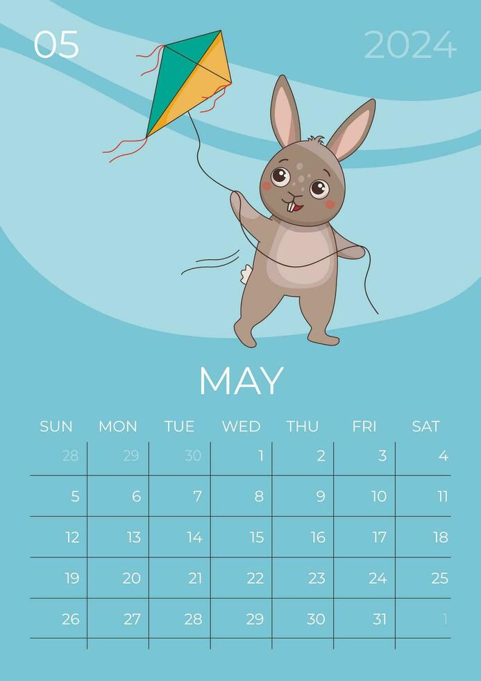 Vertical children calendar 2024. Month of May. Hare flies a kite. A5 format. Vector graphic.