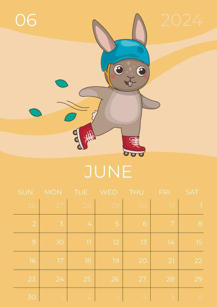 vertical niños calendario 2024. mes de junio. liebre en un casco rodillo patines a5 formato. vector gráfico.