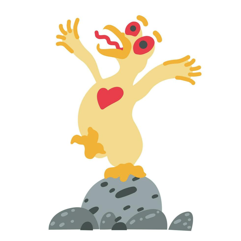 A red-eyed chick with a red heart on its chest stands on a rock vector