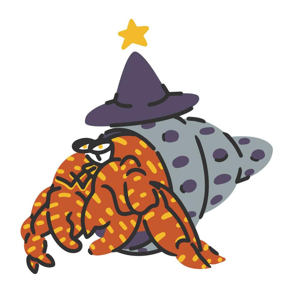 Hermit Crab in a witch's hat with a yellow star on it vector