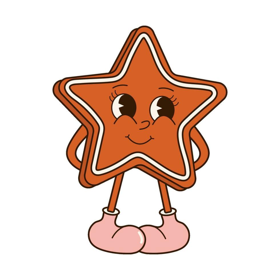 Groovy 70s Christmas sticker. Cartoon character in trendy retro style, comic mascot. Cute star shaped gingerbread cookie vector