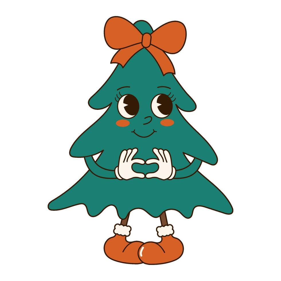 maravilloso 70s Navidad pegatina. dibujos animados personaje en de moda retro estilo, cómic mascota. linda Navidad árbol con rojo arco vector