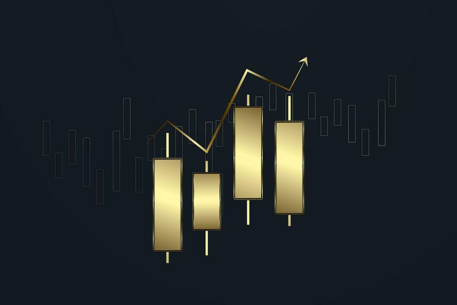 Gold, Luxury bar charts with up trend arrow on the top used for Business candle stick graph chart of stock market investment trading on dark background vector