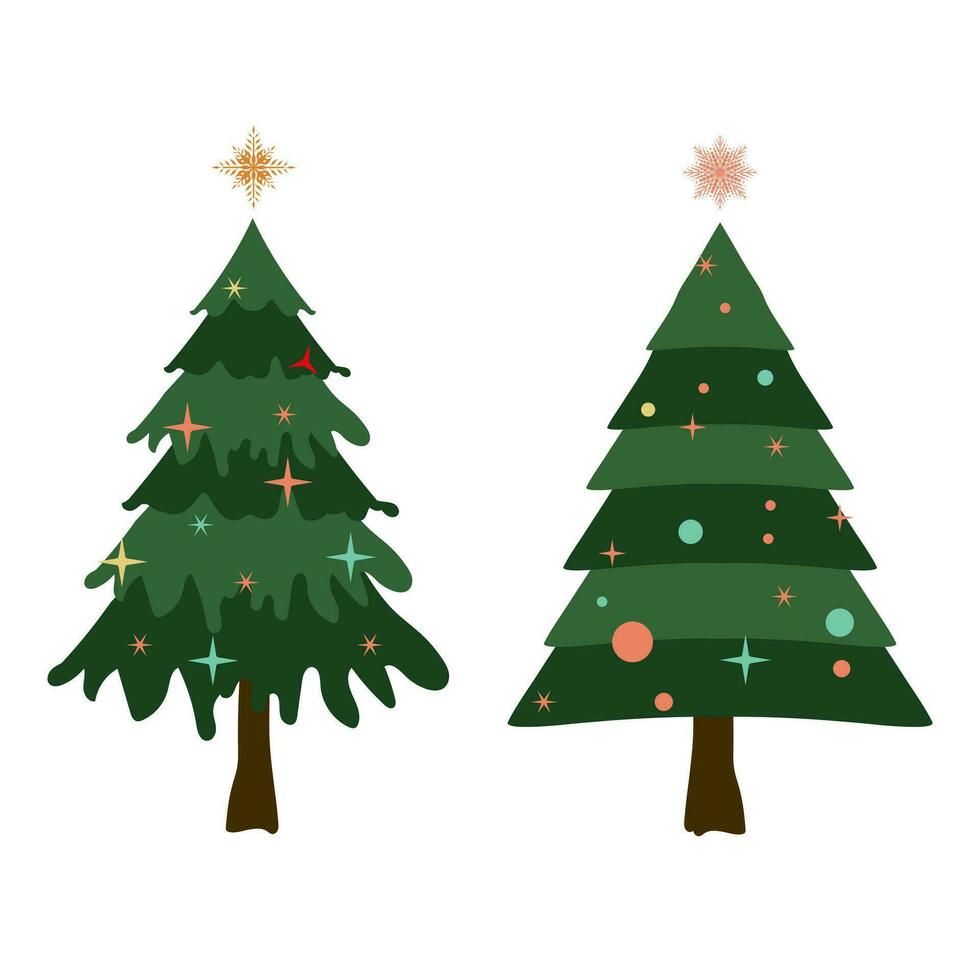 Collection of 2 Christmas trees in different styles. Green Christmas