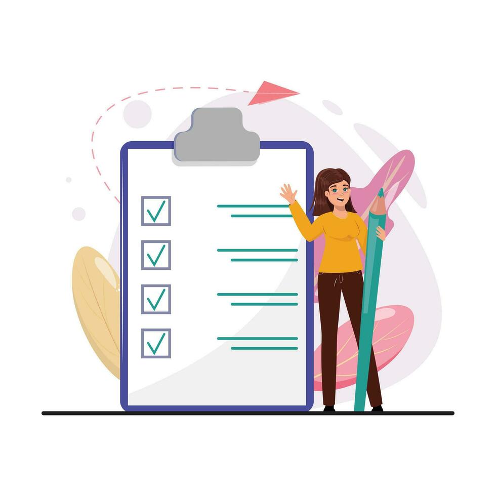 Female character with a pencil next to the big check list vector