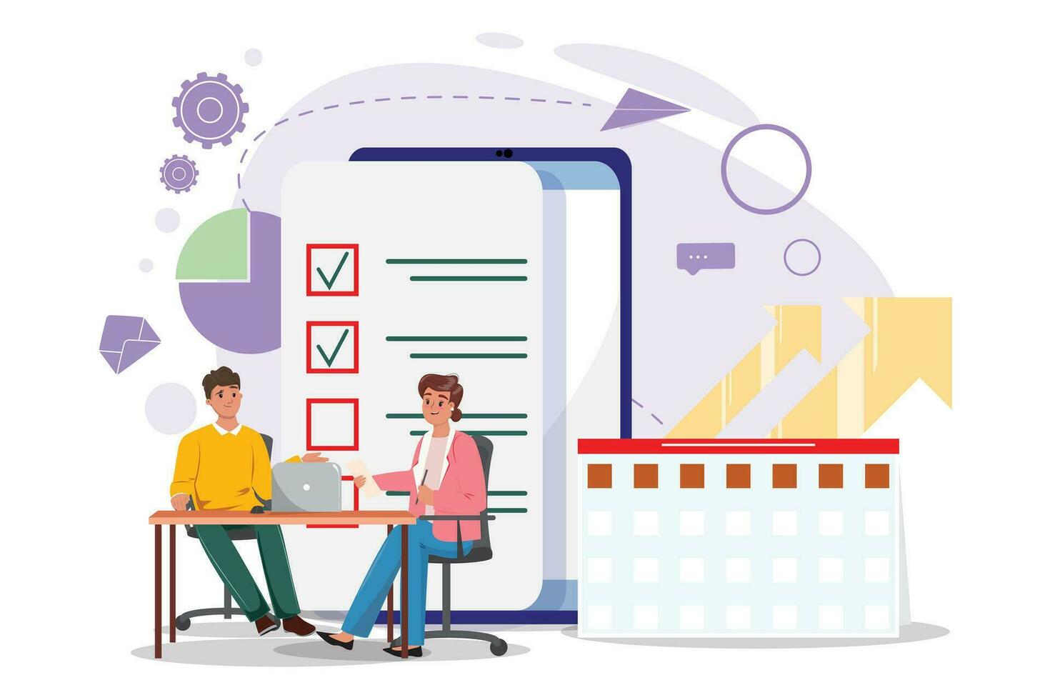 Two colleagues sitting at the desk next to the big checklist. Cartoon people making plans, tasks, to do list, timetables, business concept illustration vector