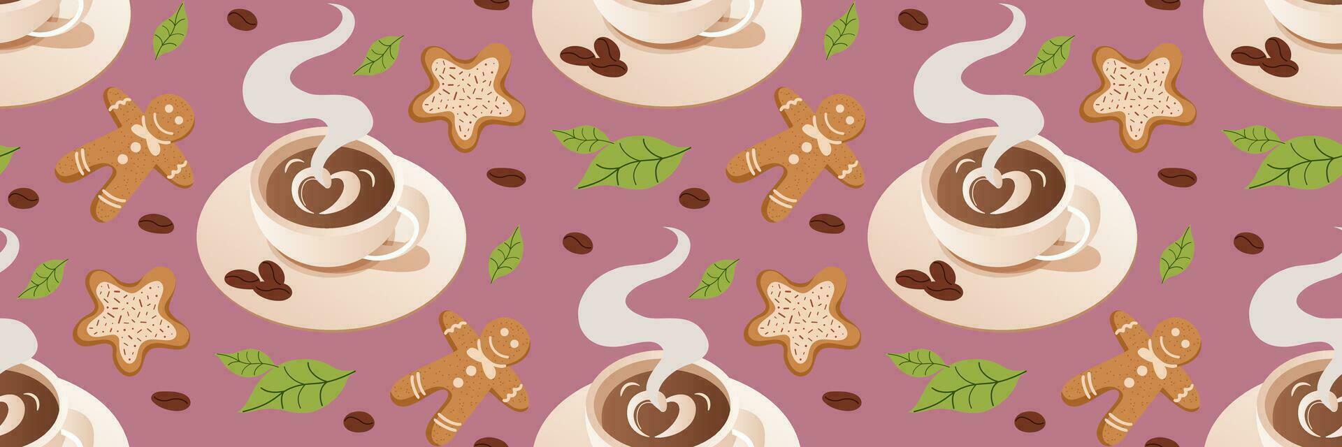 Cup of coffee and cookies Seamless Pattern. Cozy winter coffee parties. Christmas illustration. Background for coffee shops menus postcards corporate identity wrapping paper. Flat vector illustration.