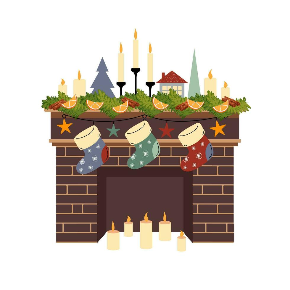 Fireplace decorated for Christmas. Comfort of home in winter. Christmas socks, fir , houses and candles. Greeting card. Flat vector illustration for design of banner website postcards social networks.