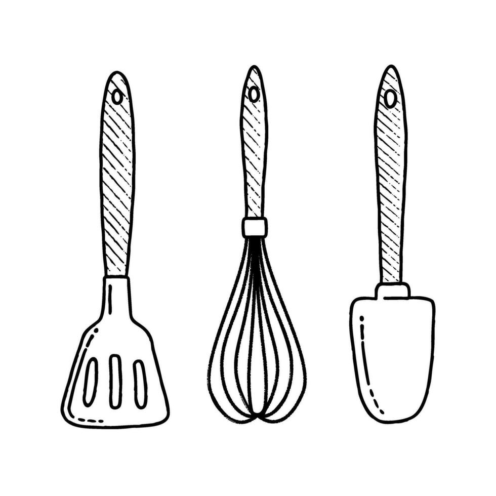Kitchen utensils outline icon. Spatula and whisk for whipping. Kitchenware isolated outline sign. Cooking concept. Hand drawn vector illustration. Sticker for cookbook or menu.