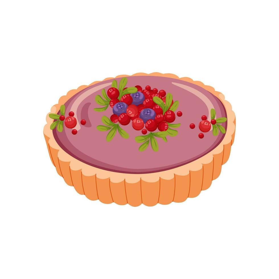 Berry cheesecake decorated with lingonberries and blueberries. Christmas and Holiday sweet pie. Tasty sweet desserts. Illustration for recipe cookbook, banner, postcard, menu. Vector flat illustration