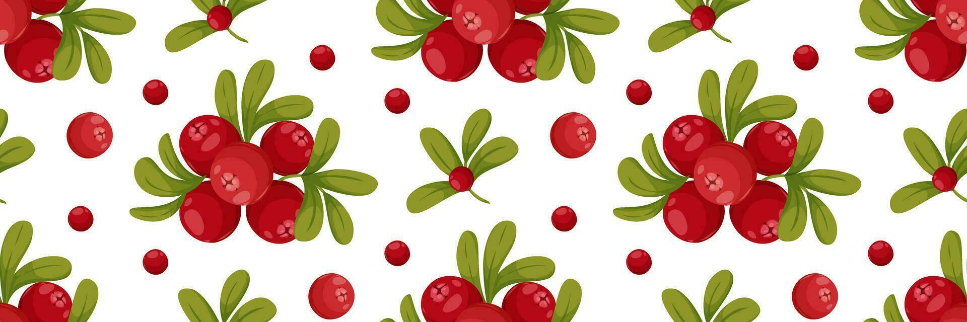 Red berry with green leaves seamless pattern. Green leaves and berries isolated on white background for wrapping paper, wallpaper, fabric. Vector cartoon illustration.