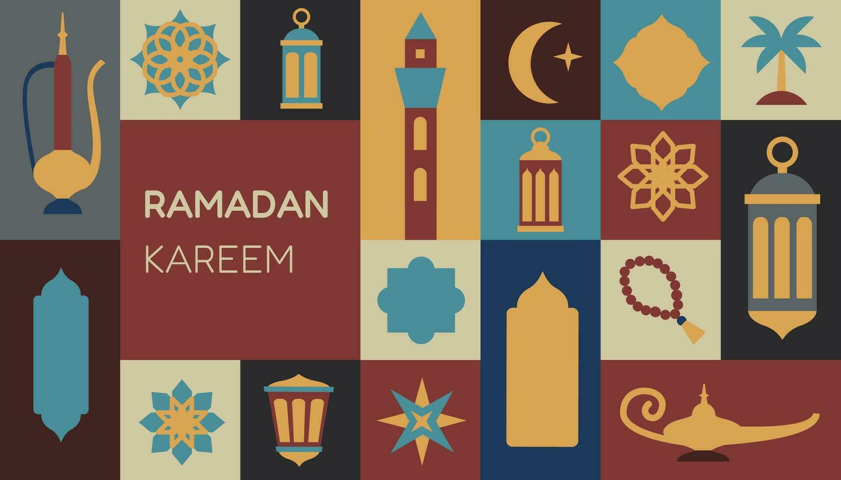 Geometric style colorful Islamic Ramadan Kareem banner, poster design, pattern and geometrical background. Minimalistic illustration. vector