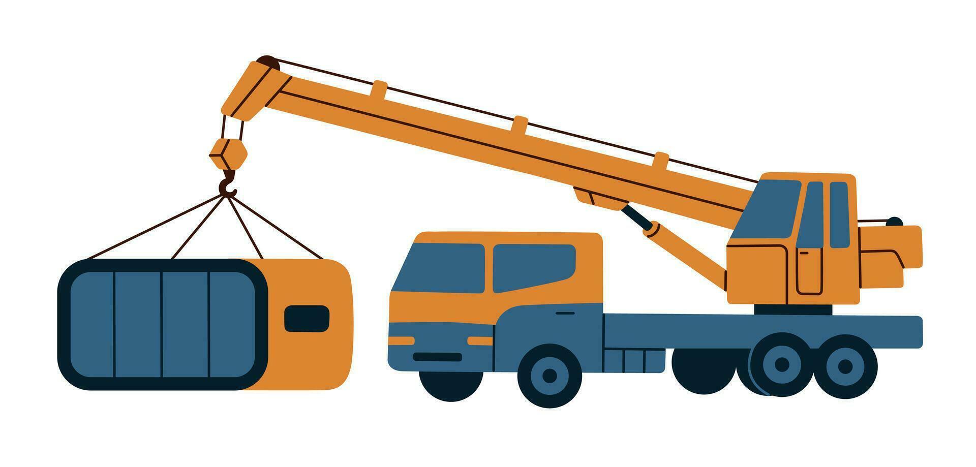 Truck crane lifts assembled modular home. Flat vector illustration on white background.