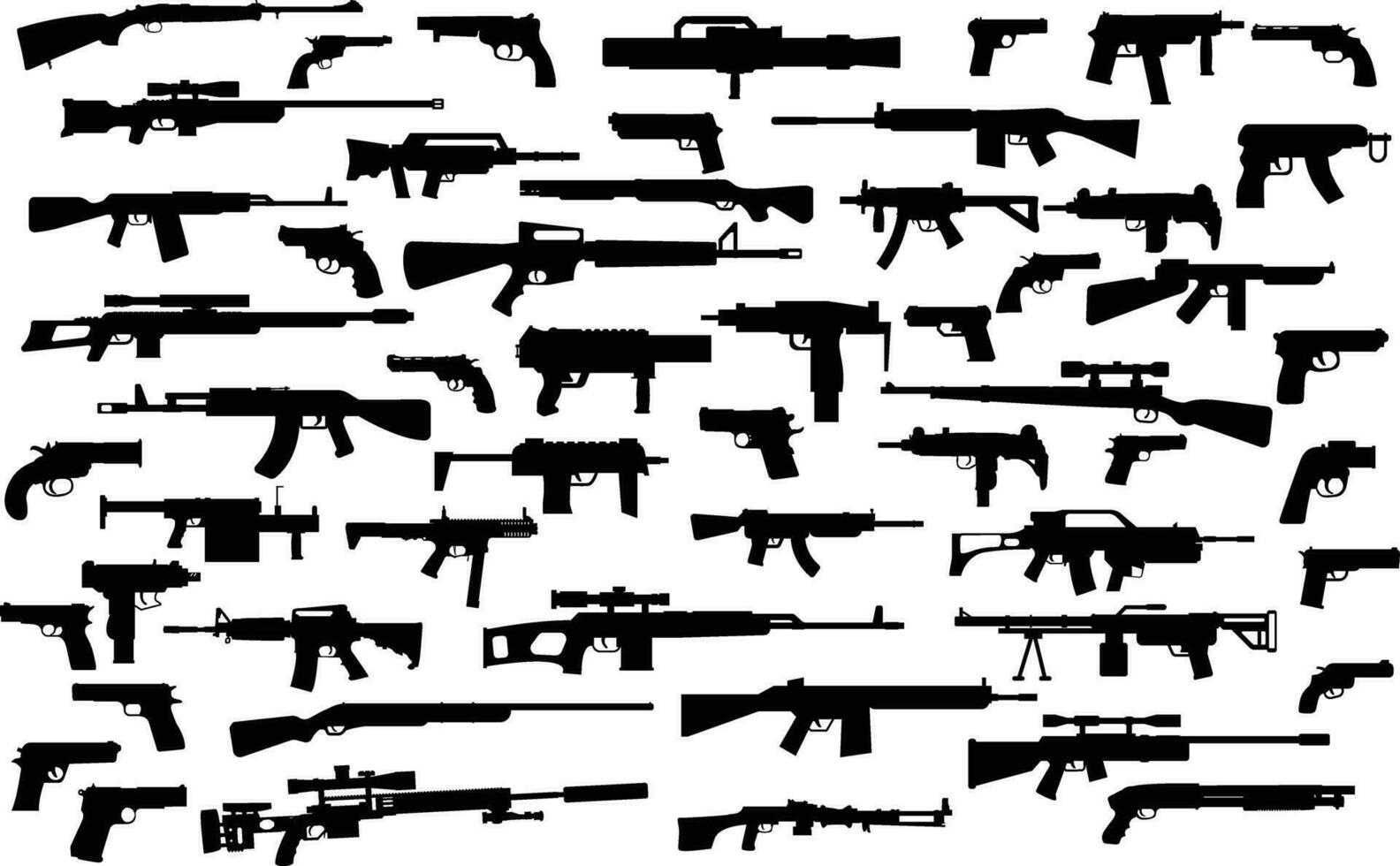 Weapons silhouette set. Collection of various realistic firearms. Isolated assult rifles, sniper rifles, shotguns, handguns, machine guns, historical guns and other. Vector illustration.